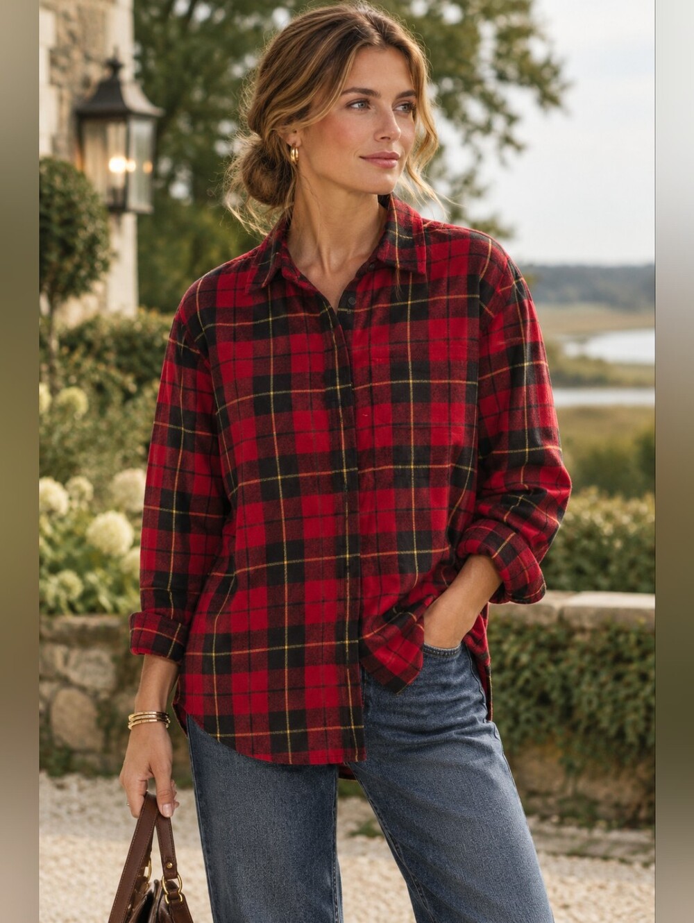 L.L.Bean Red Black Tartan Plaid Button Up Shirt Size SP Petite Relaxed Fit Class